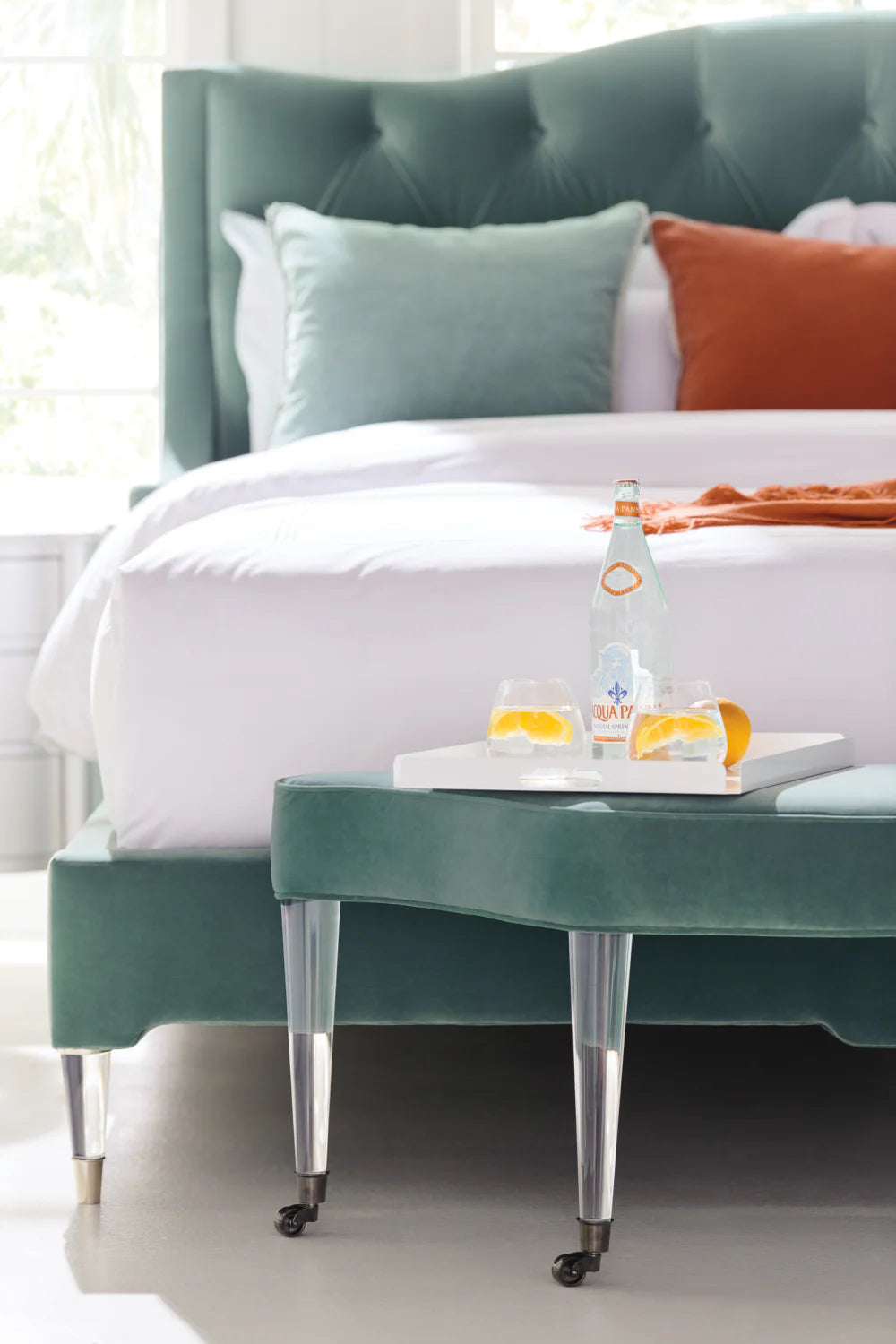 Blue Upholstered Tufted California King Bed