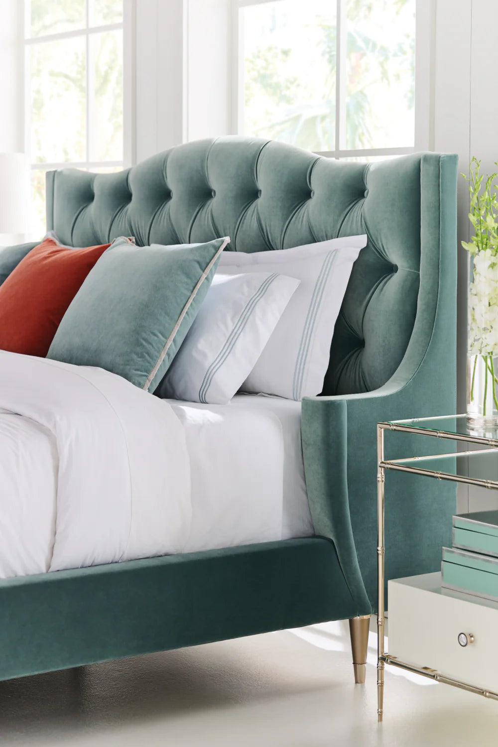 Blue Upholstered Tufted California King Bed